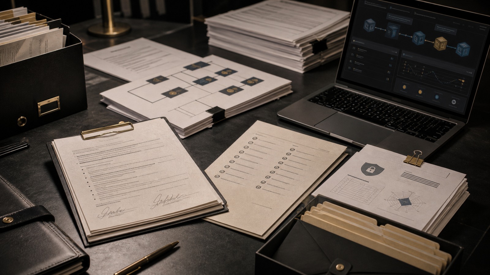 Dark editorial desk with consent forms, supplier checklists, secure folders, and a provenance ledger dashboard