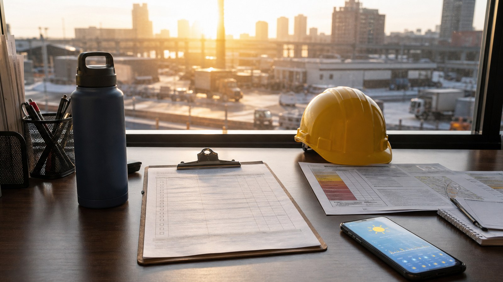 Heat readiness work desk with water, hard hat, checklist, weather alert, and city heat haze