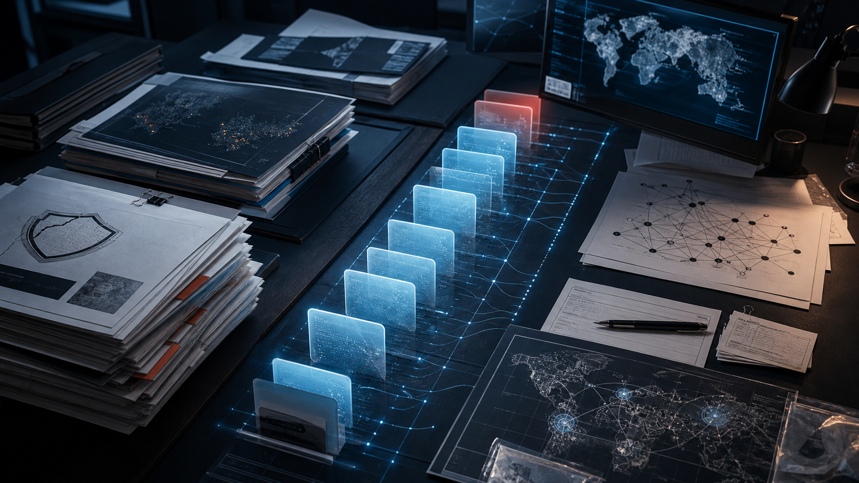Security operations desk with vulnerability advisories, exposed asset maps, patch tickets, package graphs, and evidence receipts arranged as a prioritization queue