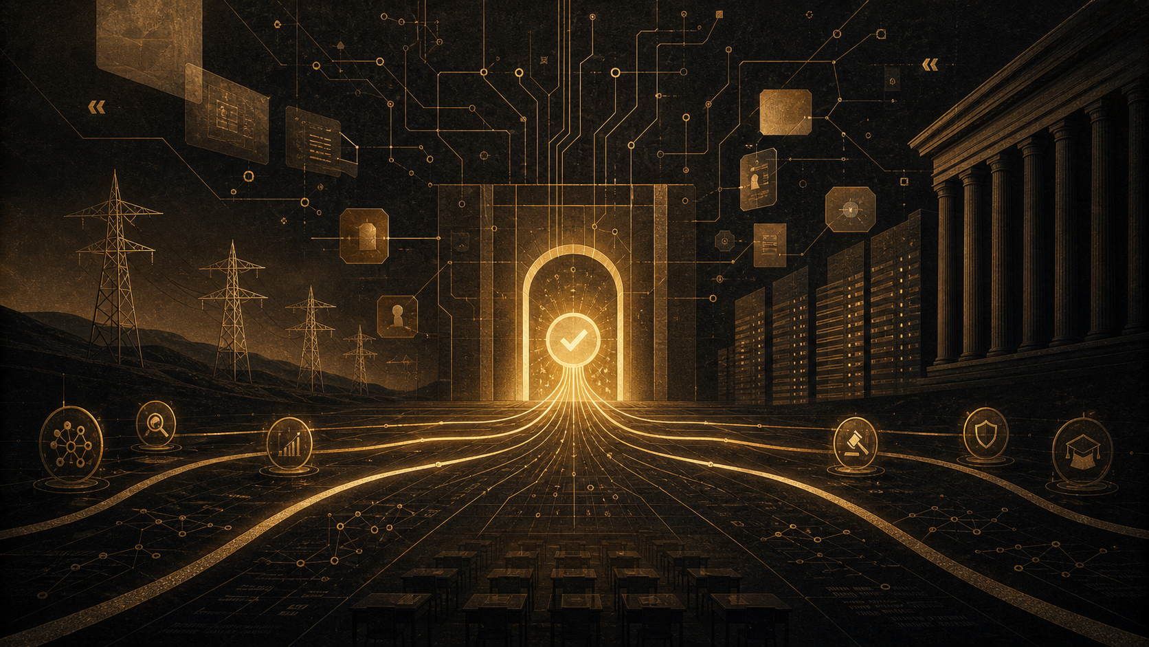 Editorial illustration of AI permission infrastructure with approval gates, records, legal columns, grid lines, and classroom signals