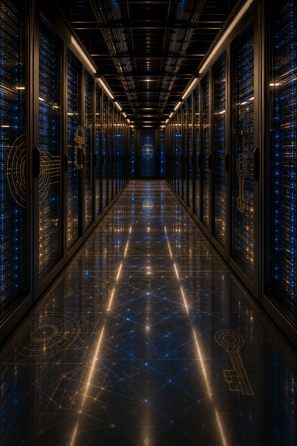 Abstract quantum ledger desk with certificate geometry, trust network lines, and dark institutional dashboard surfaces