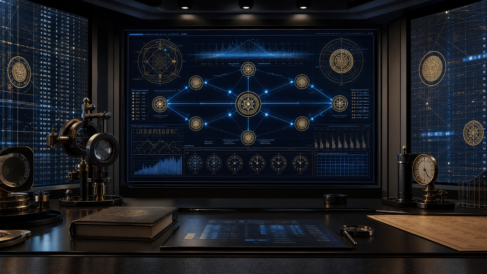 Abstract quantum trust operations desk with certificate geometry, ledger structures, network paths, and calibration instruments