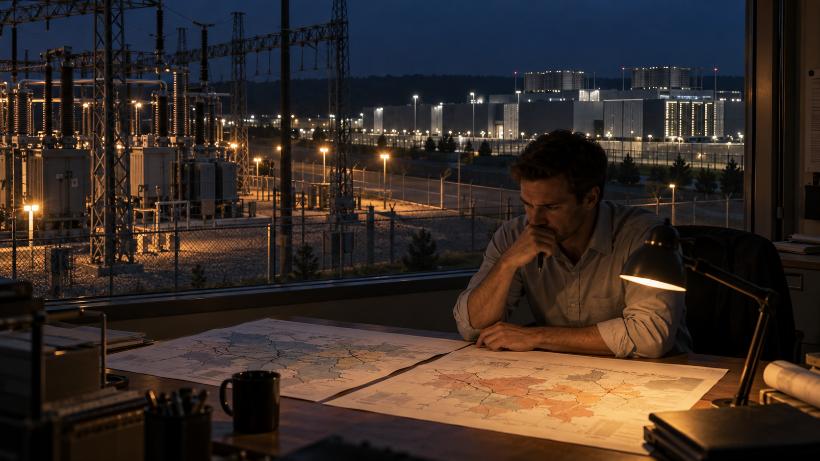 An energy-policy analyst compares paper scenario maps beside a nighttime electrical substation, with a data-center campus in the distance.