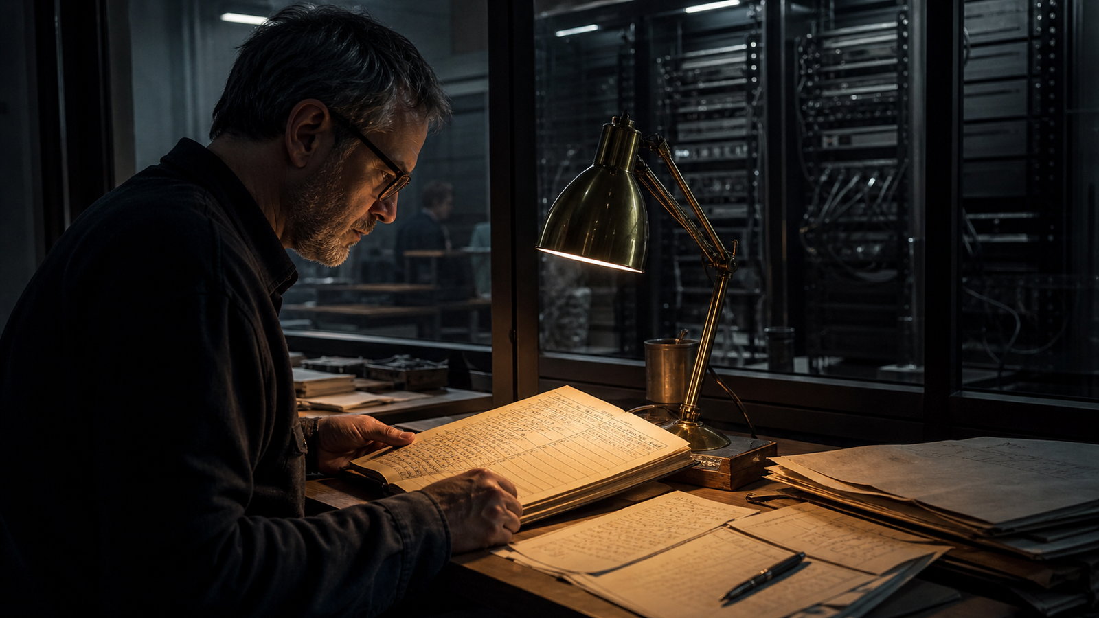 An analyst reviews a handwritten risk ledger beside visible computing infrastructure.