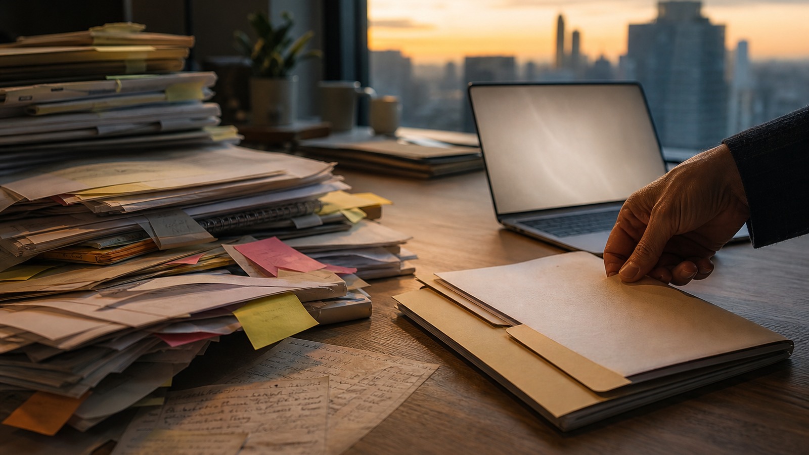 A source-of-truth workspace showing organized documents, review layers, and human oversight around an AI system.