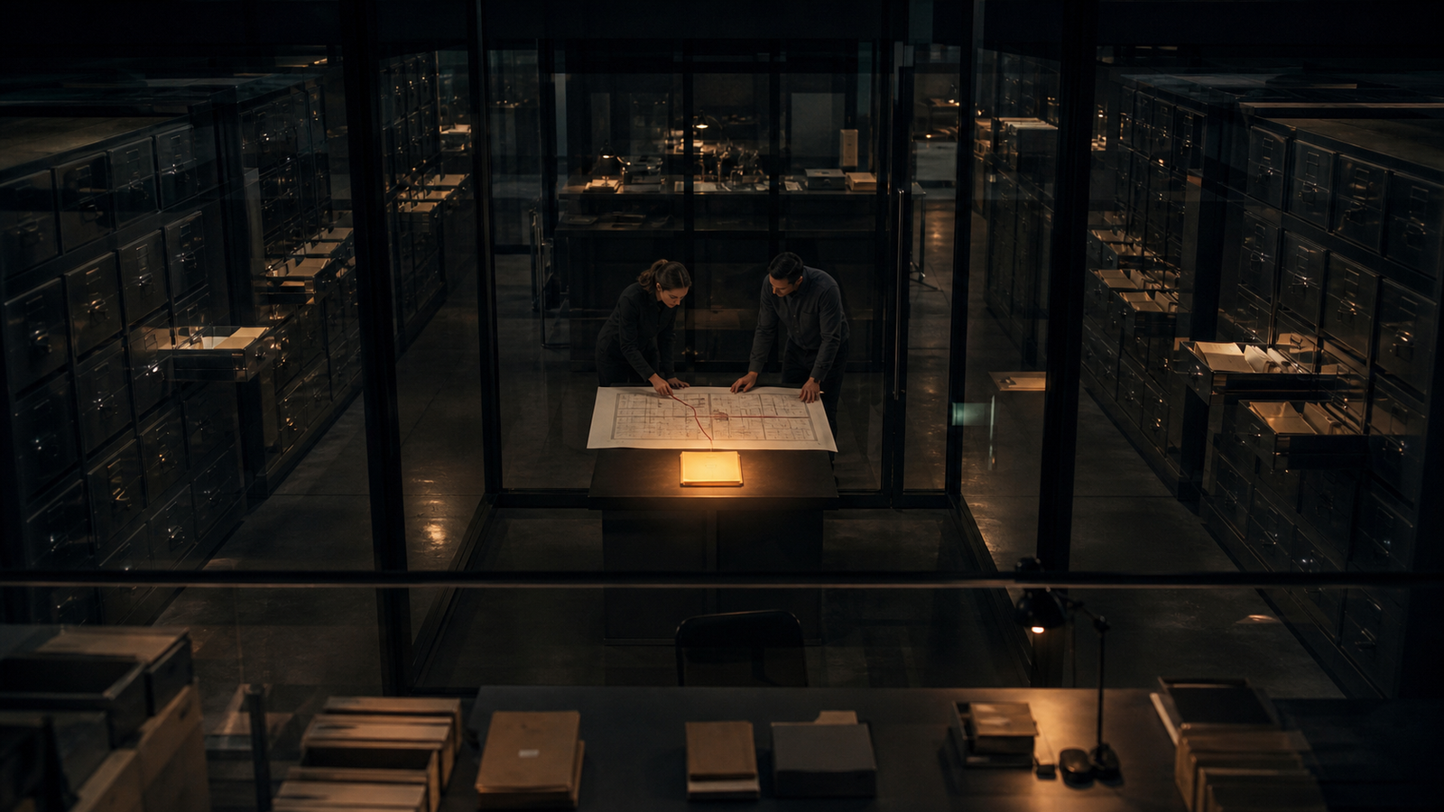 Two auditors examine a floor plan amid rows of opened archive drawers in a dark testing facility.
