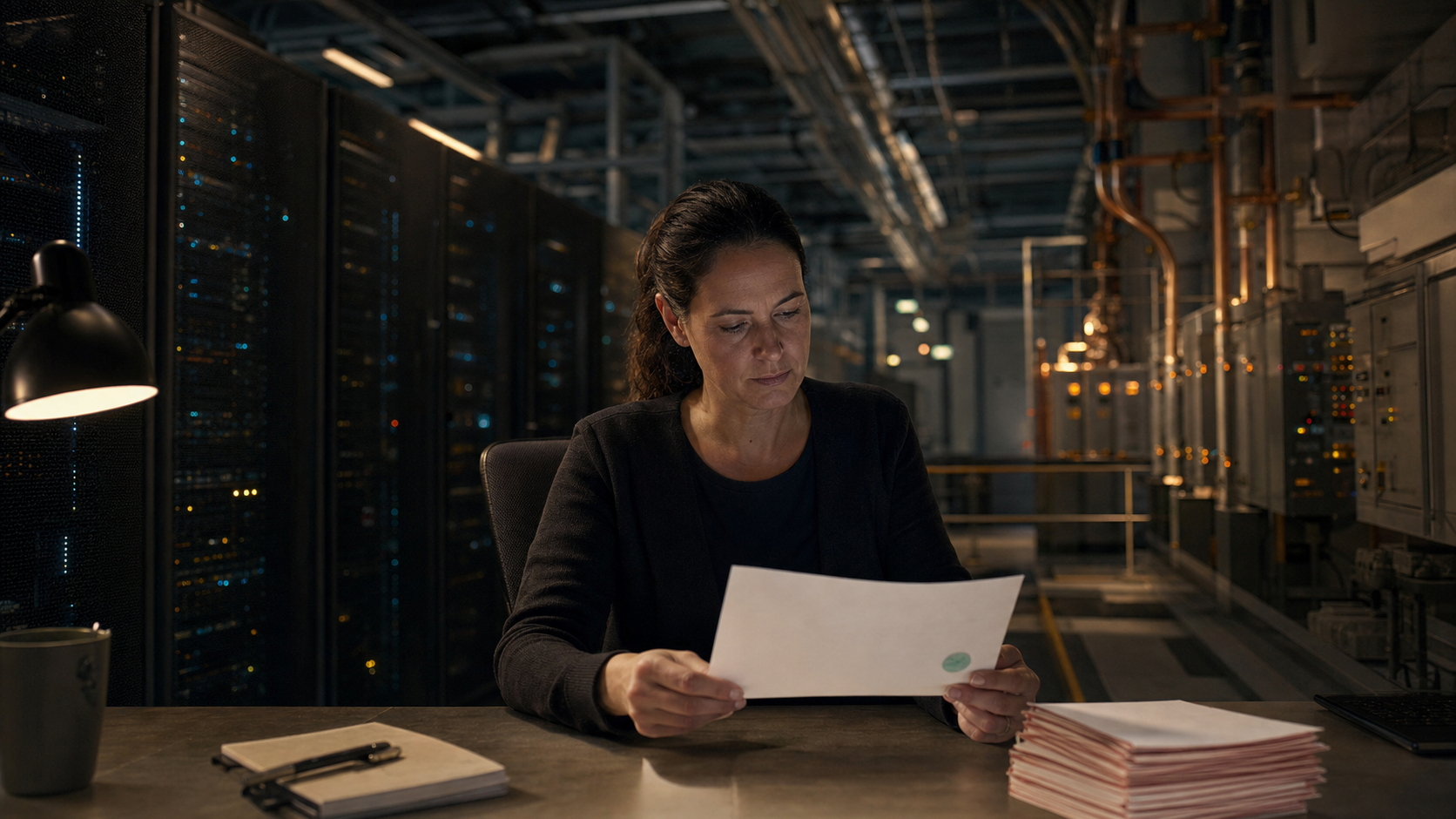 A data-centre operations analyst reviews a completed work receipt beside a stack of failed-run records.