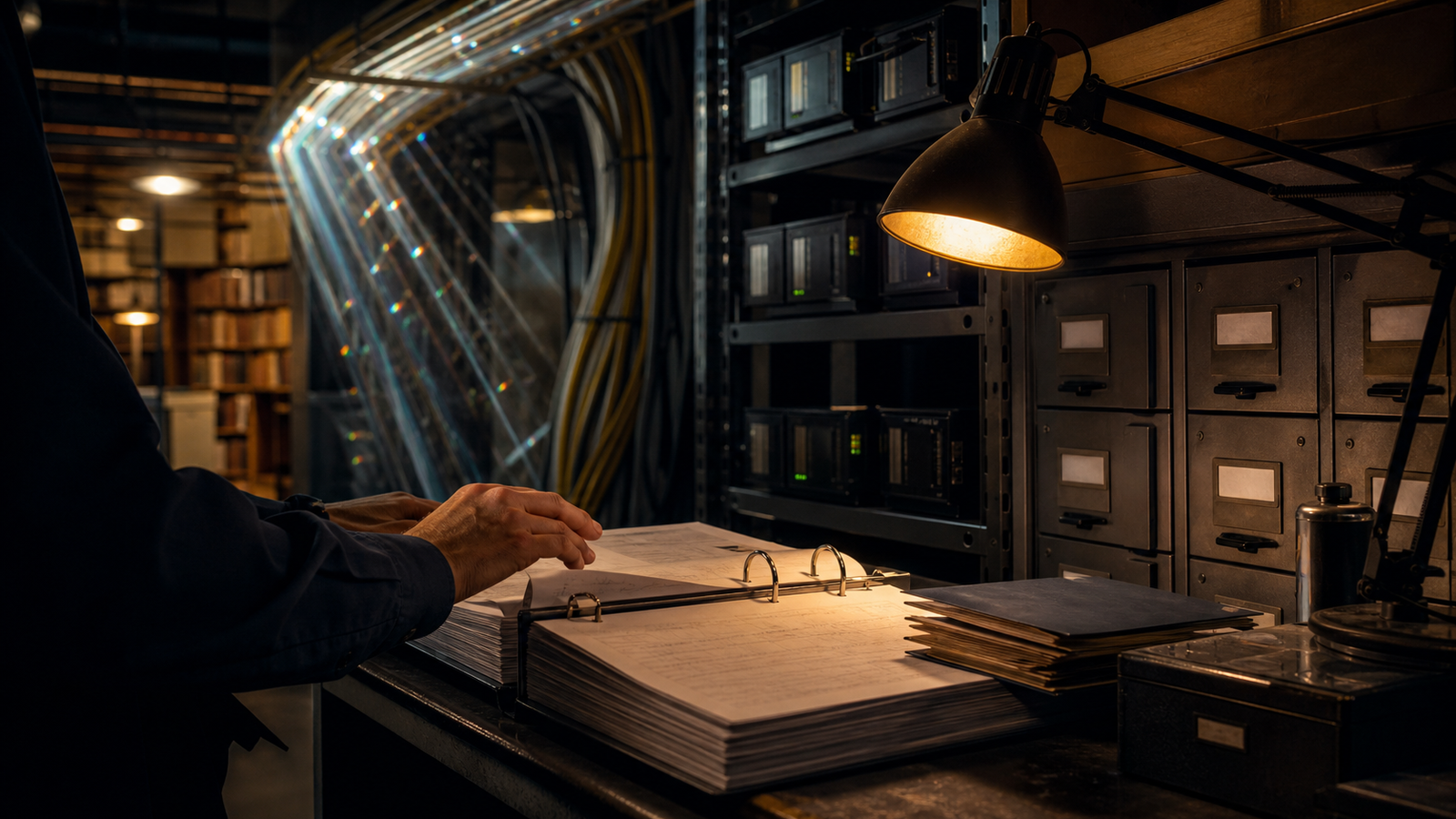 Technician reviewing cryptographic inventory binders beside server racks, key cabinets, and fiber conduits under warm institutional light.