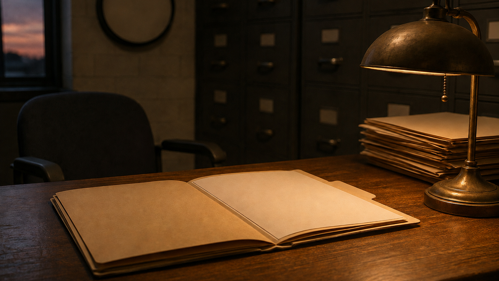 An empty government records office at dusk, with a blank open case file on the desk under a brass lamp and a round wall clock behind an unused chair.