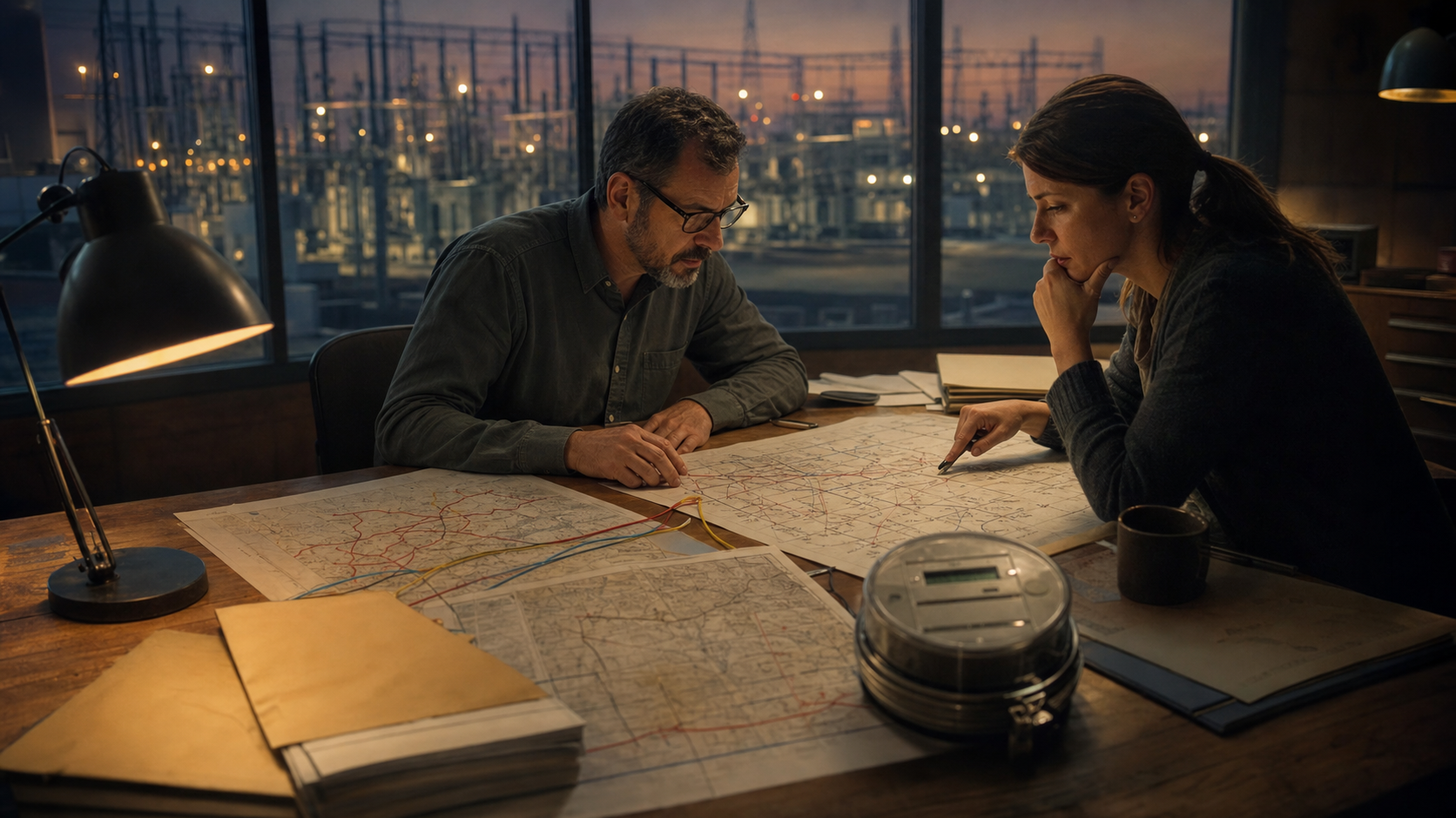 Utility planners trace a large industrial power request across grid maps beside a household meter.
