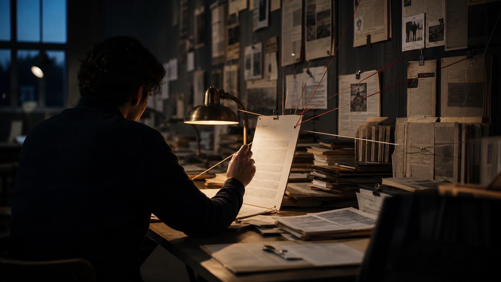 An editor checks a source document connected by citation threads to an archive of original material.