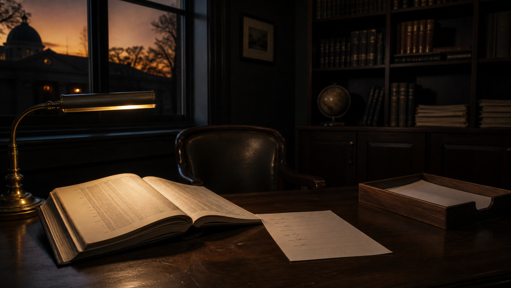 An open supervision register on a dark institutional desk, with a single sheet of paper beside it under a brass lamp.