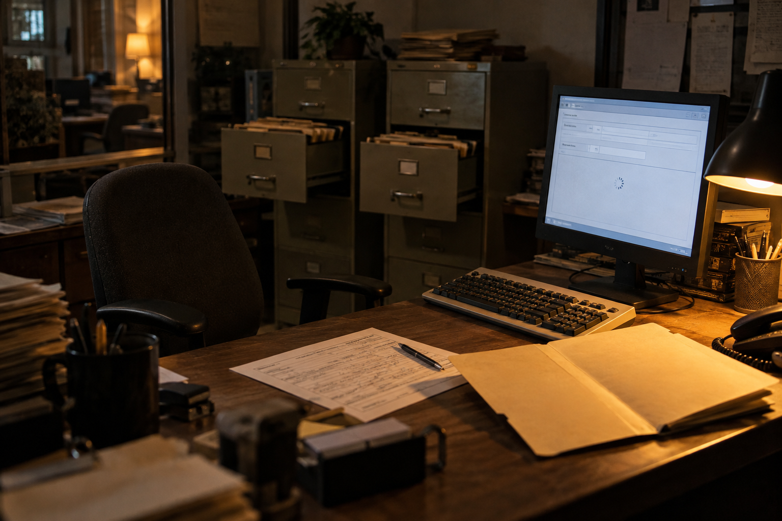 An empty benefits desk holds a waiting computer form and a blank folder while two file cabinets sit with drawers unlatched behind an empty chair.