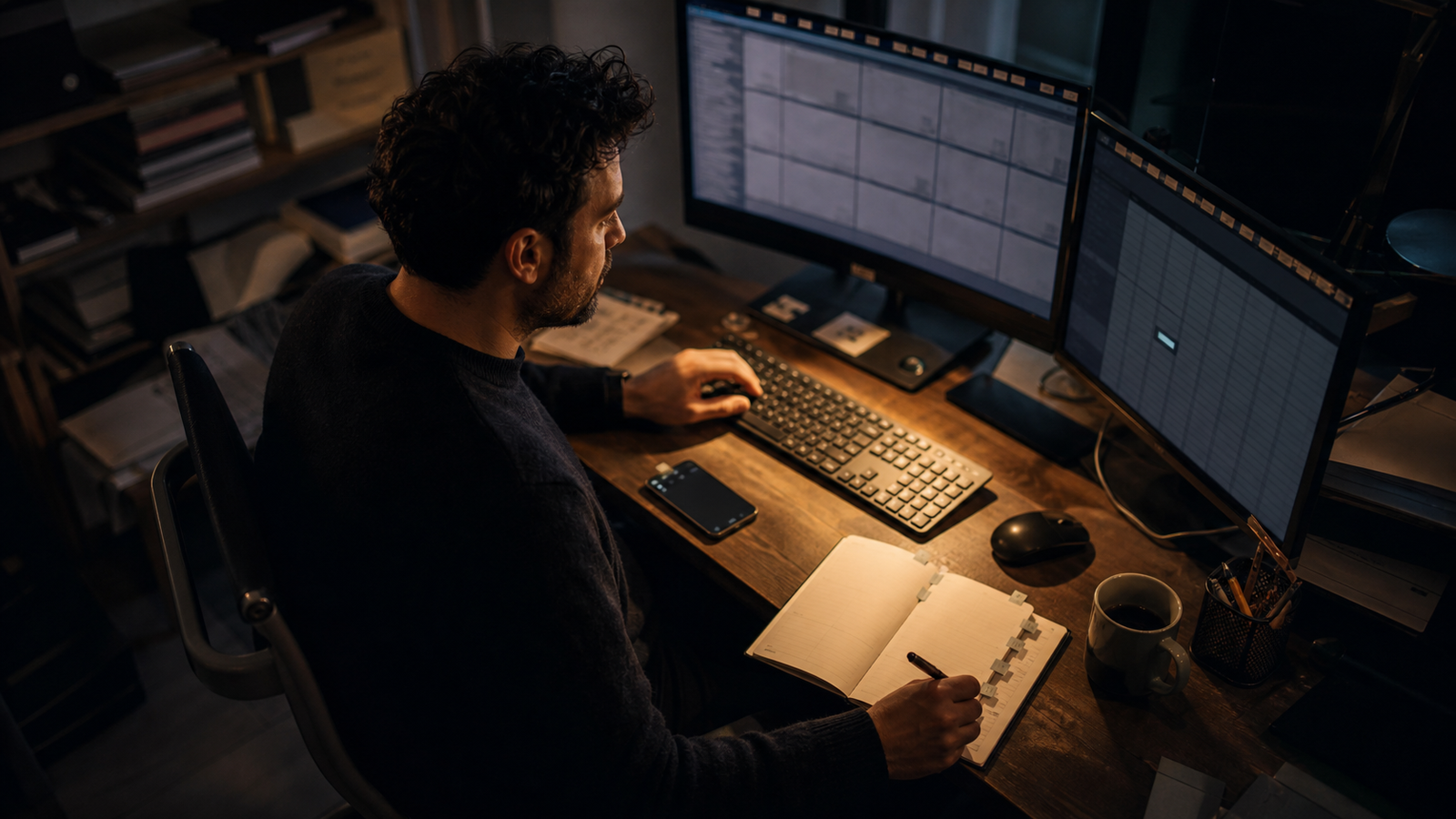 A knowledge worker moves between several muted screens and an appointment book as warm light narrows around one focused task.