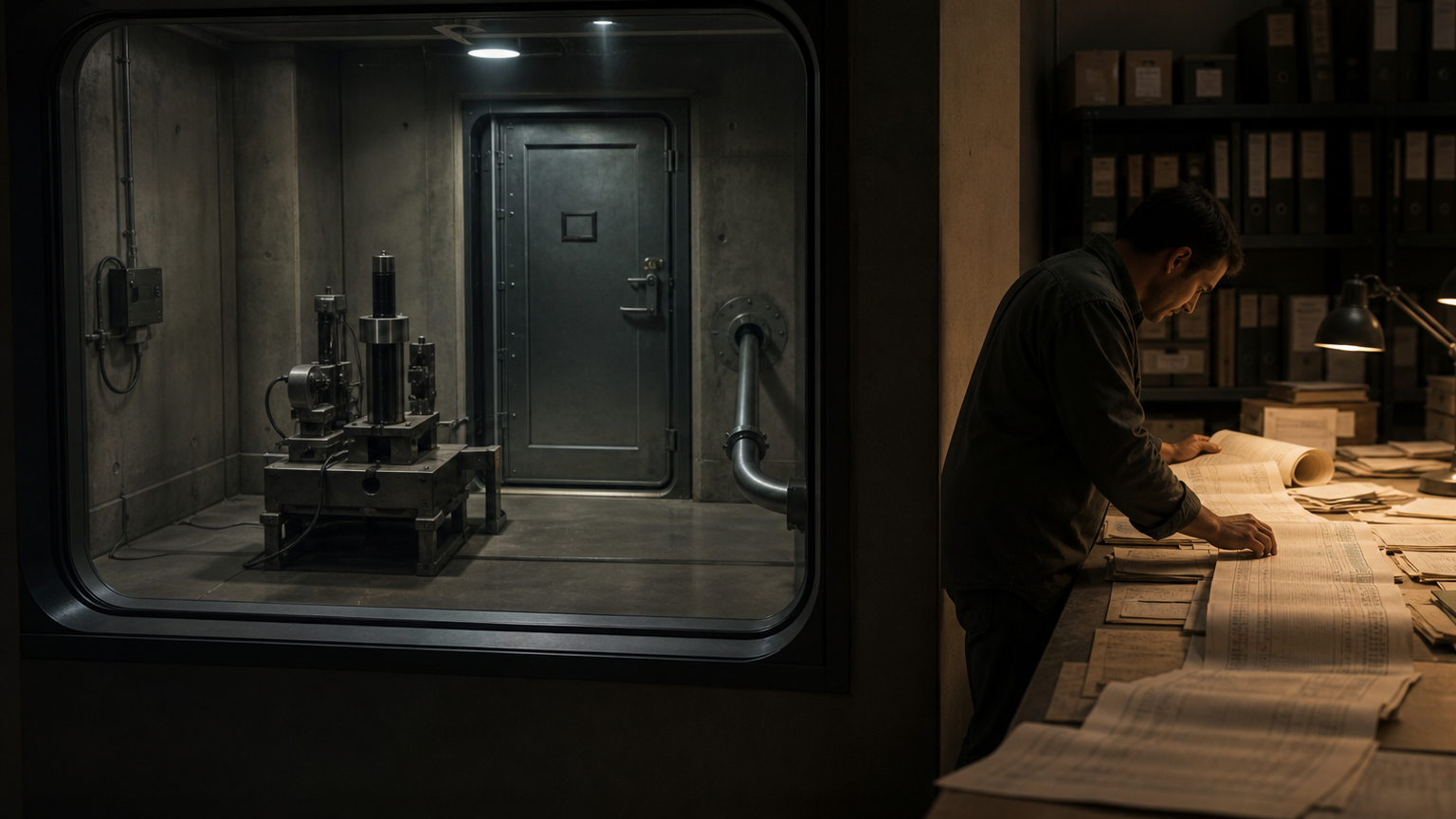 A sealed industrial test chamber shares an overlooked service conduit with an archive room where a human responder follows a long event record.