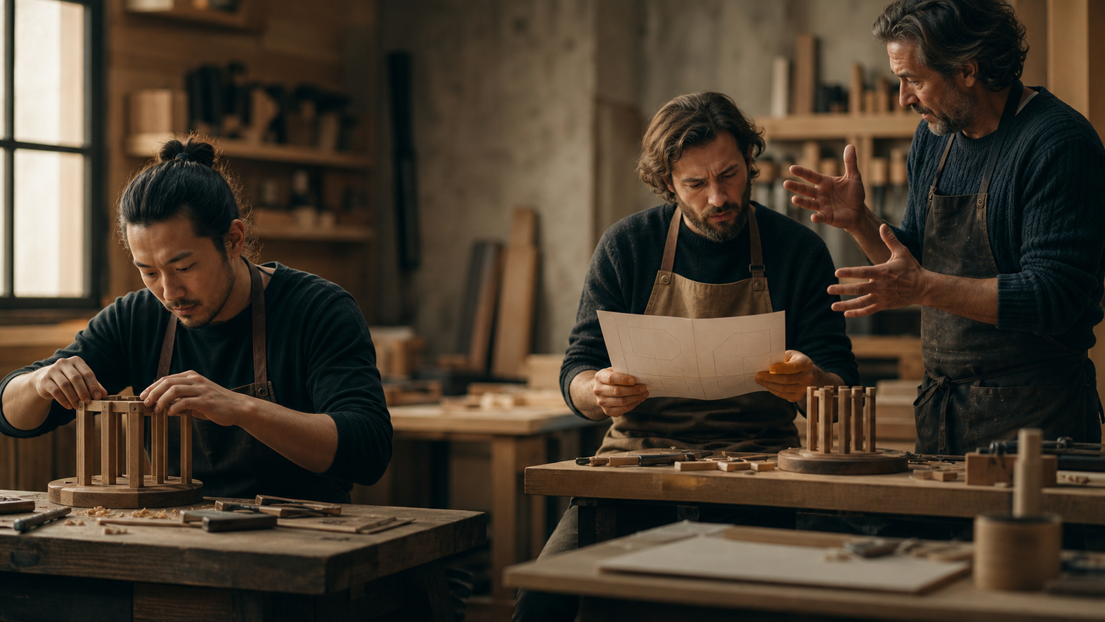 Three craft workers at adjacent benches show the difference between direct skill and useful guidance.