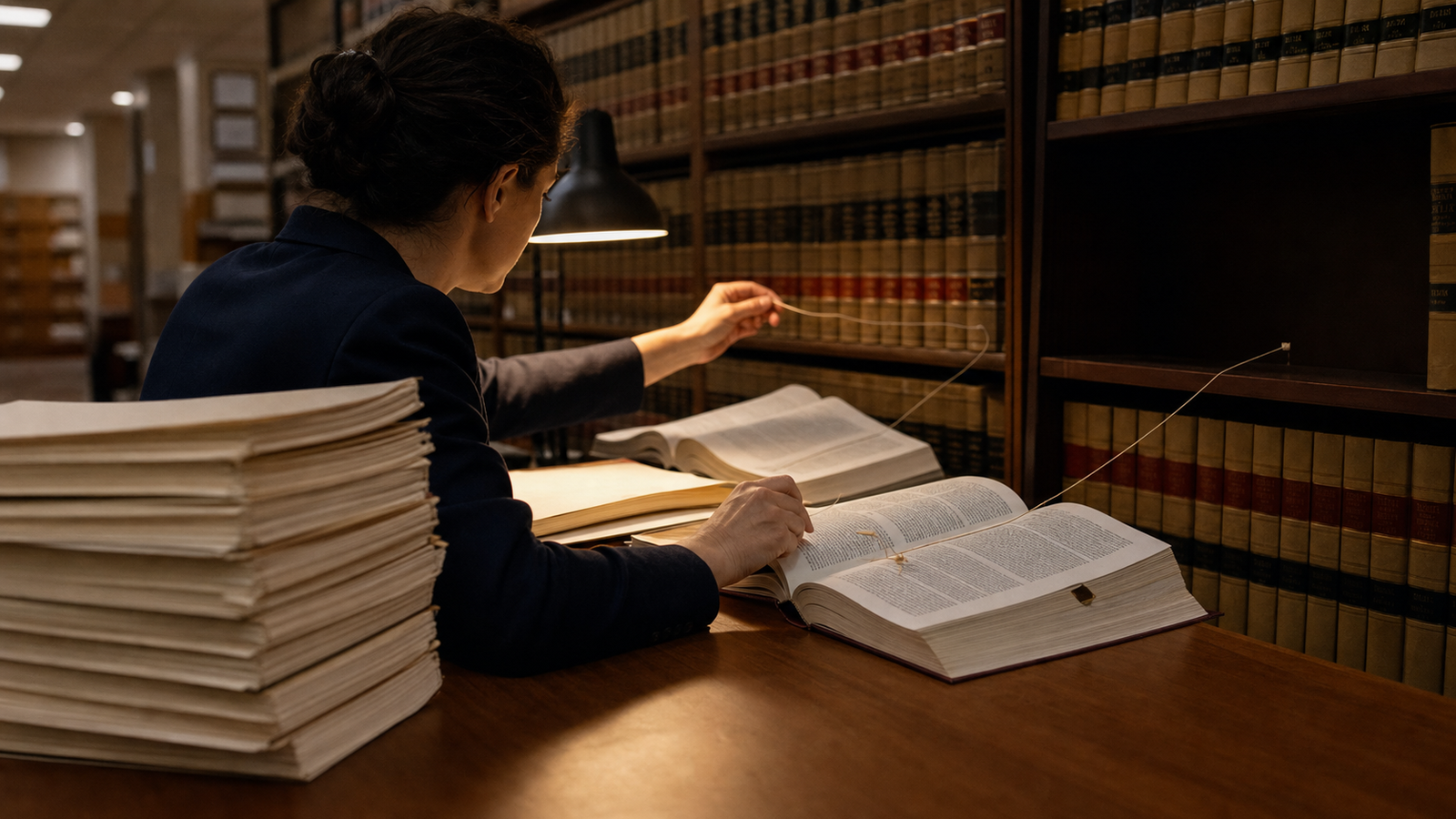 A court clerk in a law library traces citation threads from a polished stack of filings to open casebooks, with one thread ending at an empty shelf.