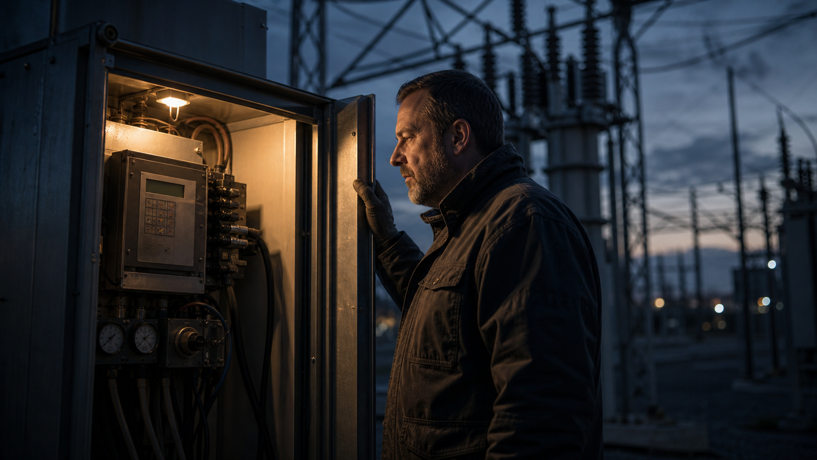 An operator stands beside an open substation cabinet at dusk, studying a protective relay and cables.