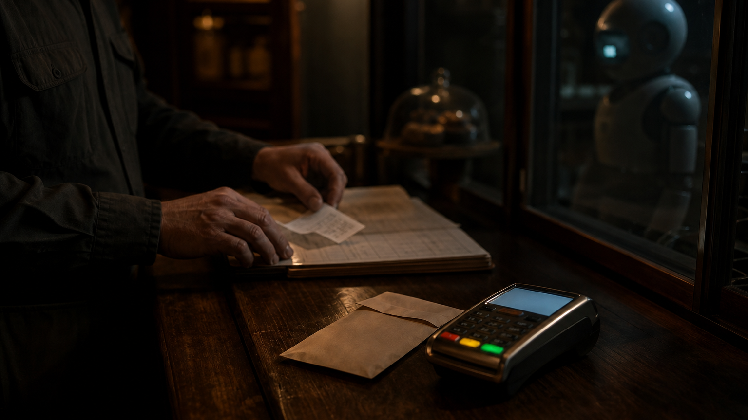 Human hands checking a ledger and receipt beside a payment terminal while an anonymous machine assistant waits behind glass in a quiet shop.