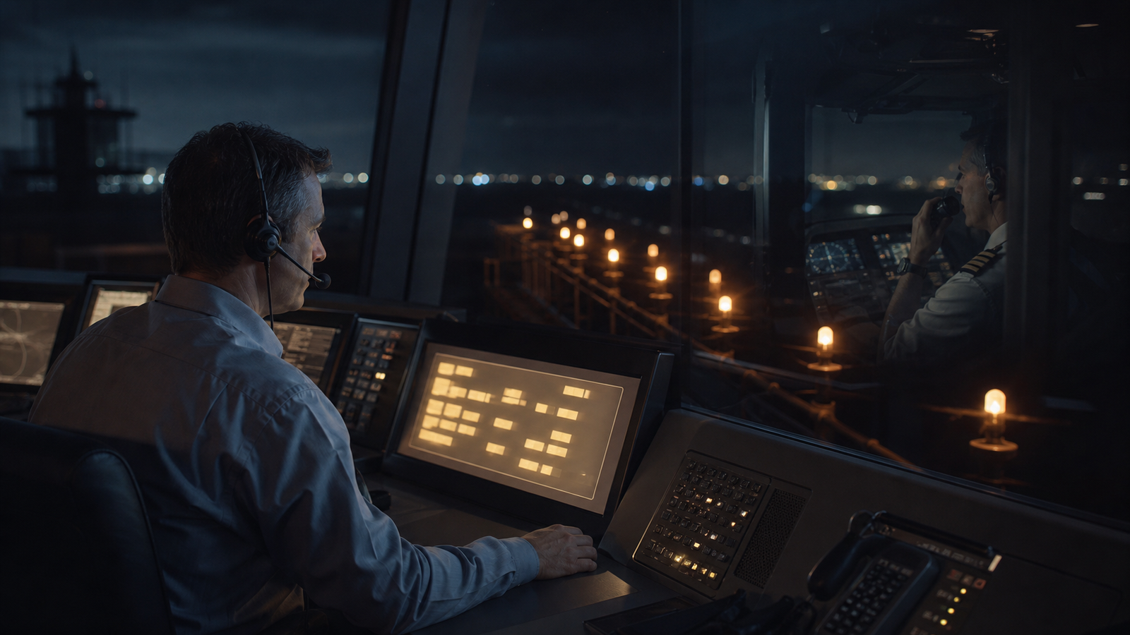 An air-traffic controller reviews a digital message while a pilot keeps a voice radio ready in a dark cockpit.