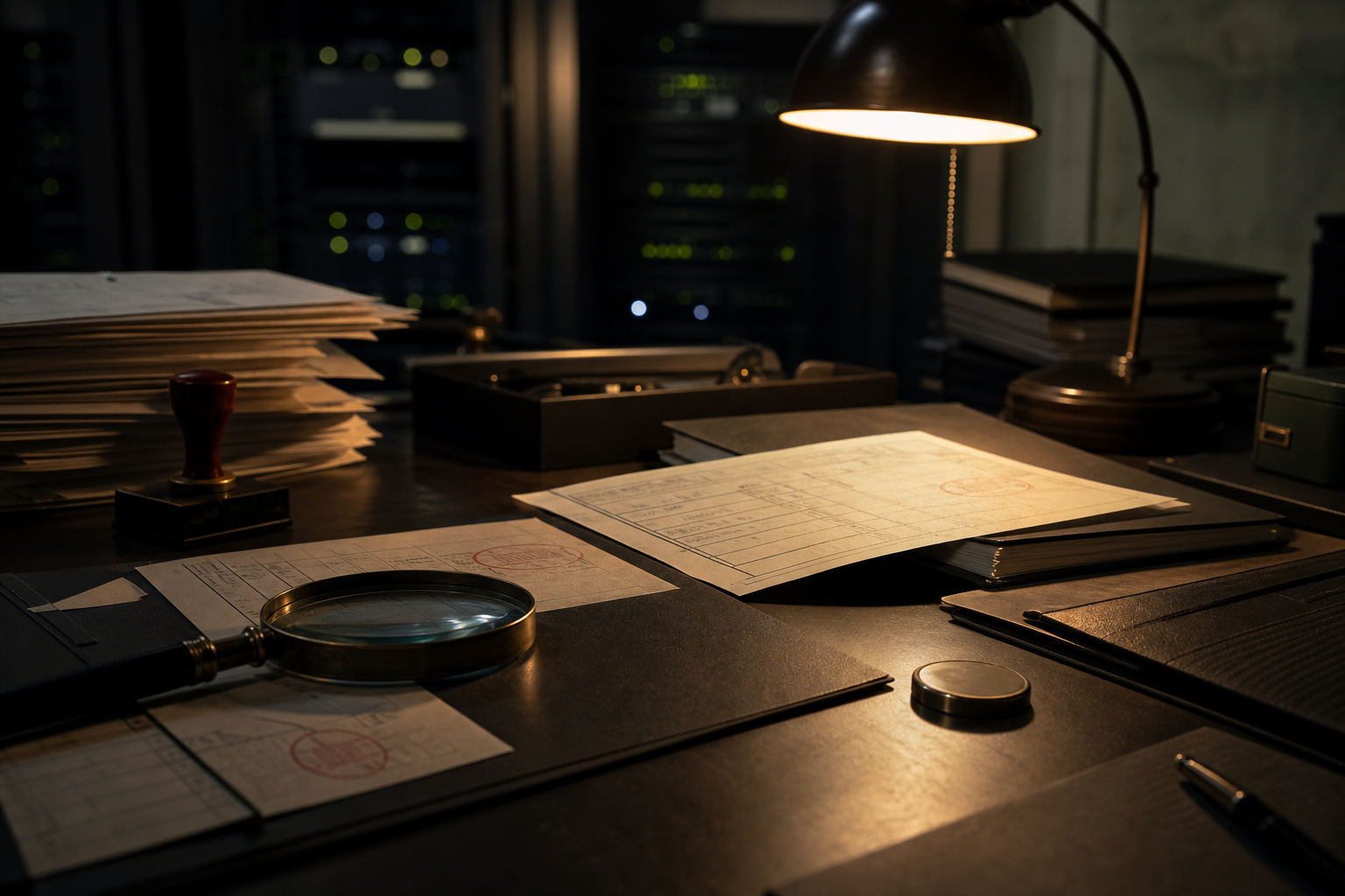 Quiet payments operations desk with ledgers, verification forms, server racks, a magnifying glass, and a small coin-like token under warm institutional light.