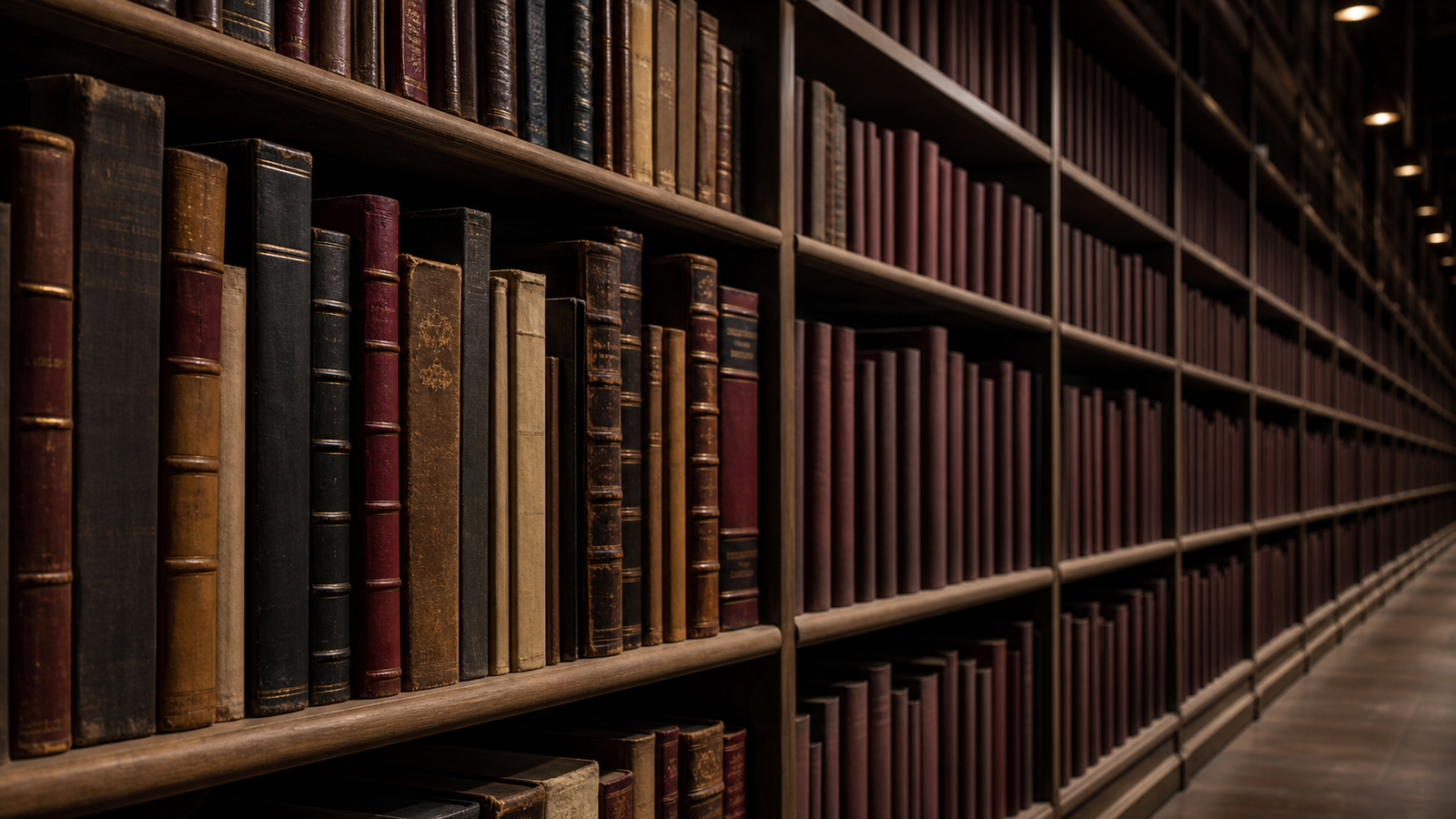 Rows of individually distinct books gradually form a repeated pattern along a long library shelf.