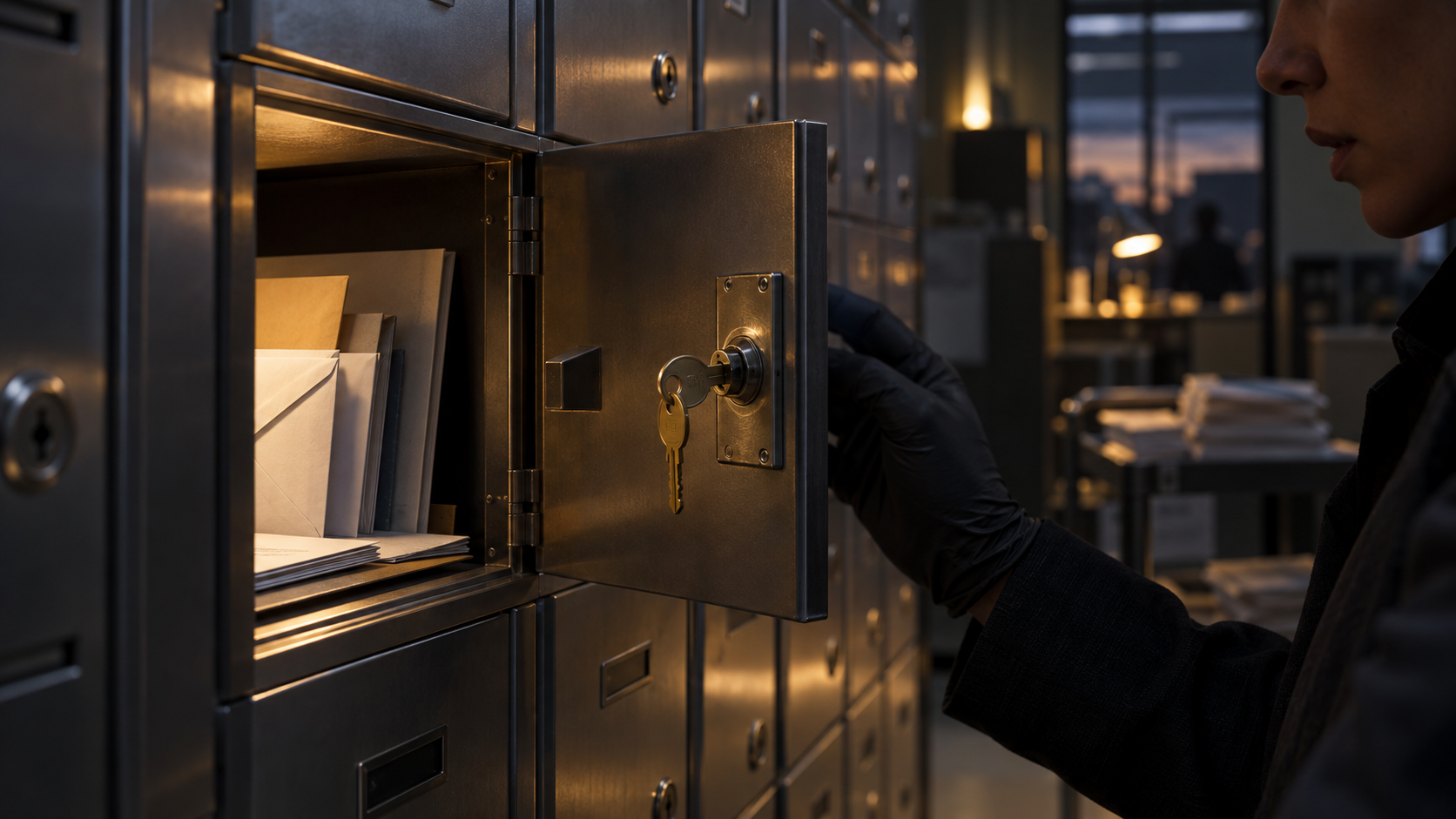 A security analyst opens an institutional mail cabinet with an ordinary commercial brass key in a quiet government mailroom.
