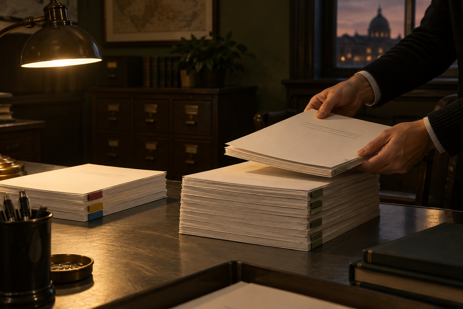 Hands move a thinner stack of survey booklets onto a thicker core stack on a metal desk under a lamp, with a dusk window beyond.