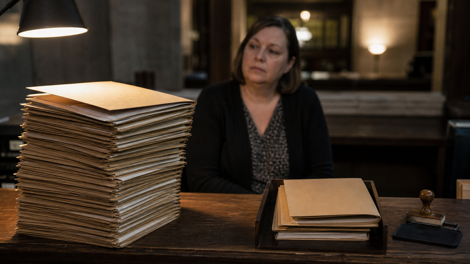 A tall stack of filings sits beside a short review tray and an unused stamp at a clerk's desk.