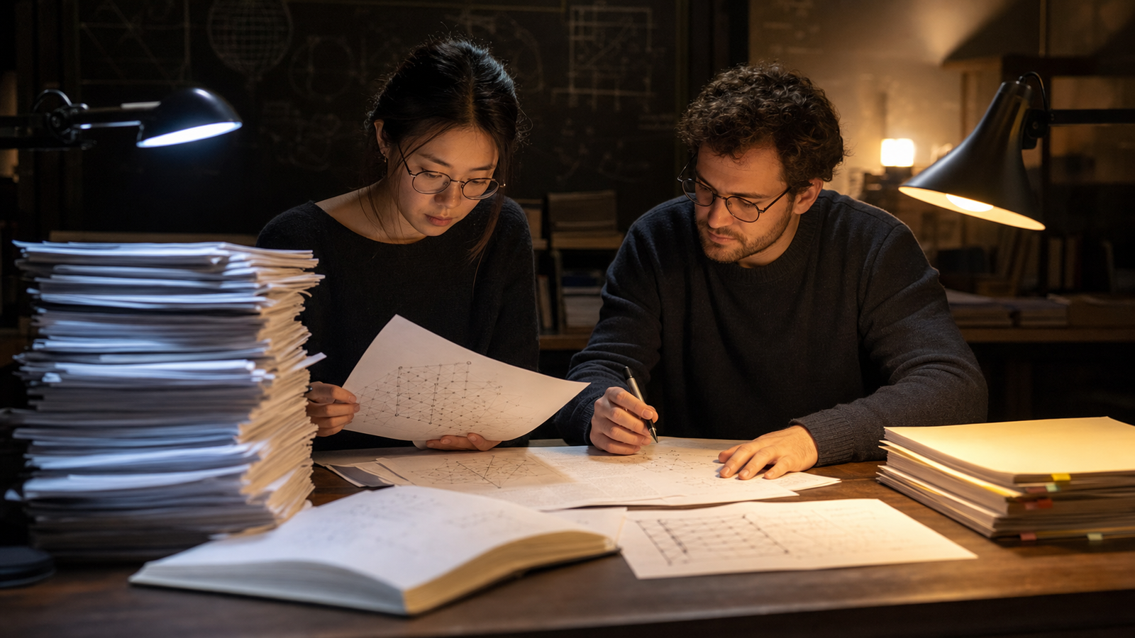 Two cryptographers review mathematical proofs beside a larger stack of machine-generated candidate findings.