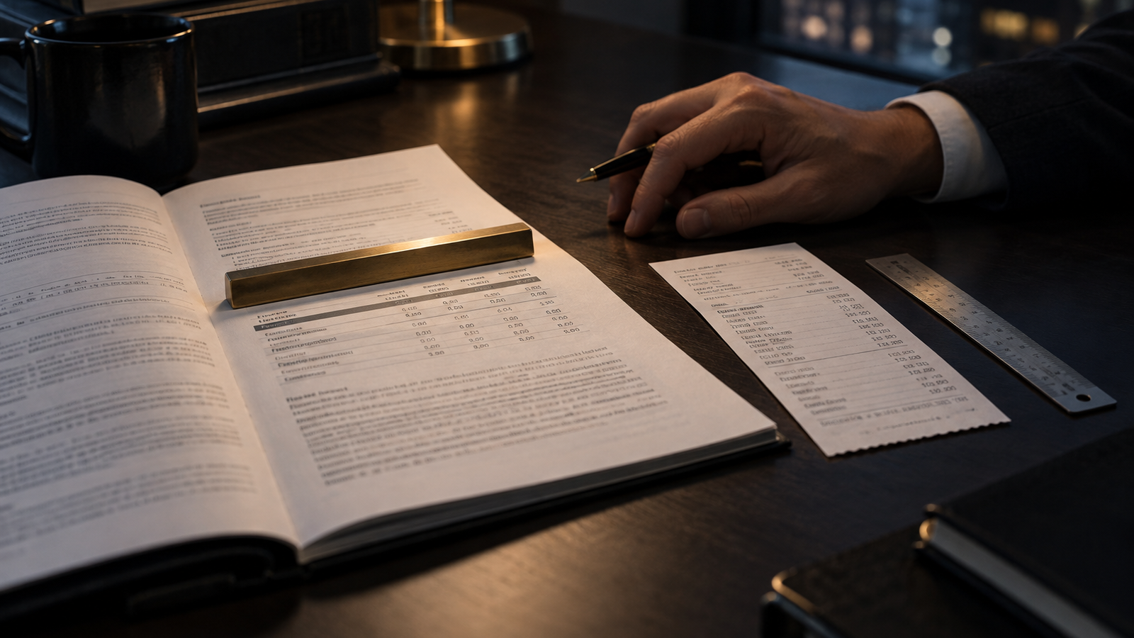 An analyst reviews an earnings filing aligned beneath a brass threshold marker, with a settlement receipt and ruler beside it.