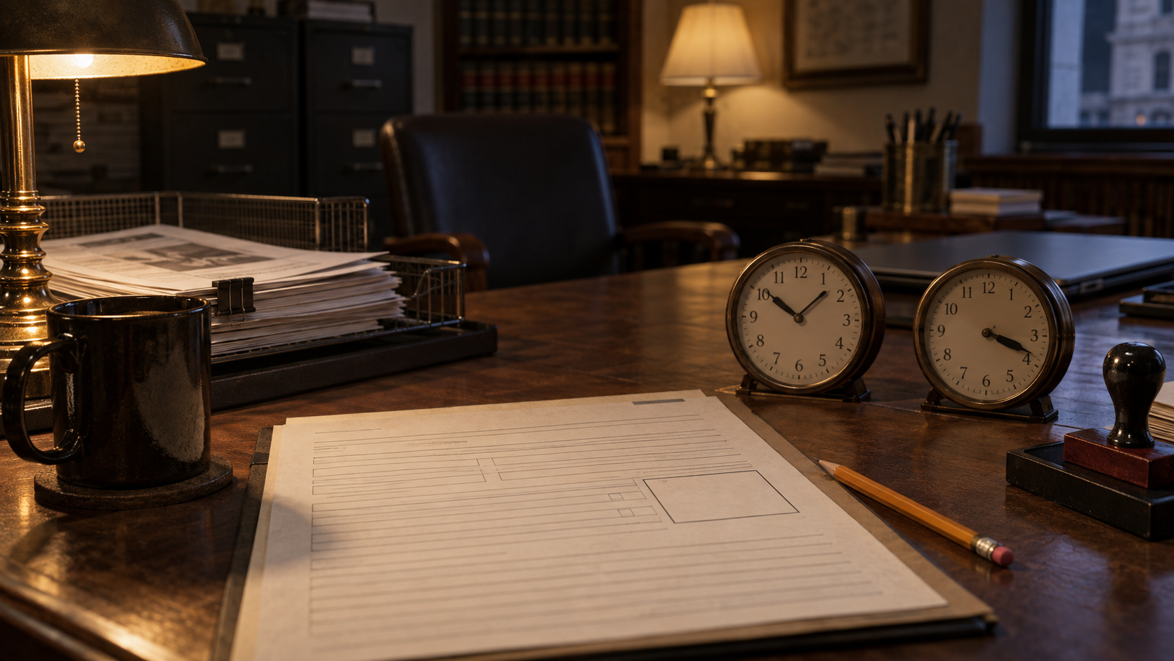 A blank enrichment form and unused stamp sit on a records desk between two analog clocks, with stacked papers and an empty chair behind them.