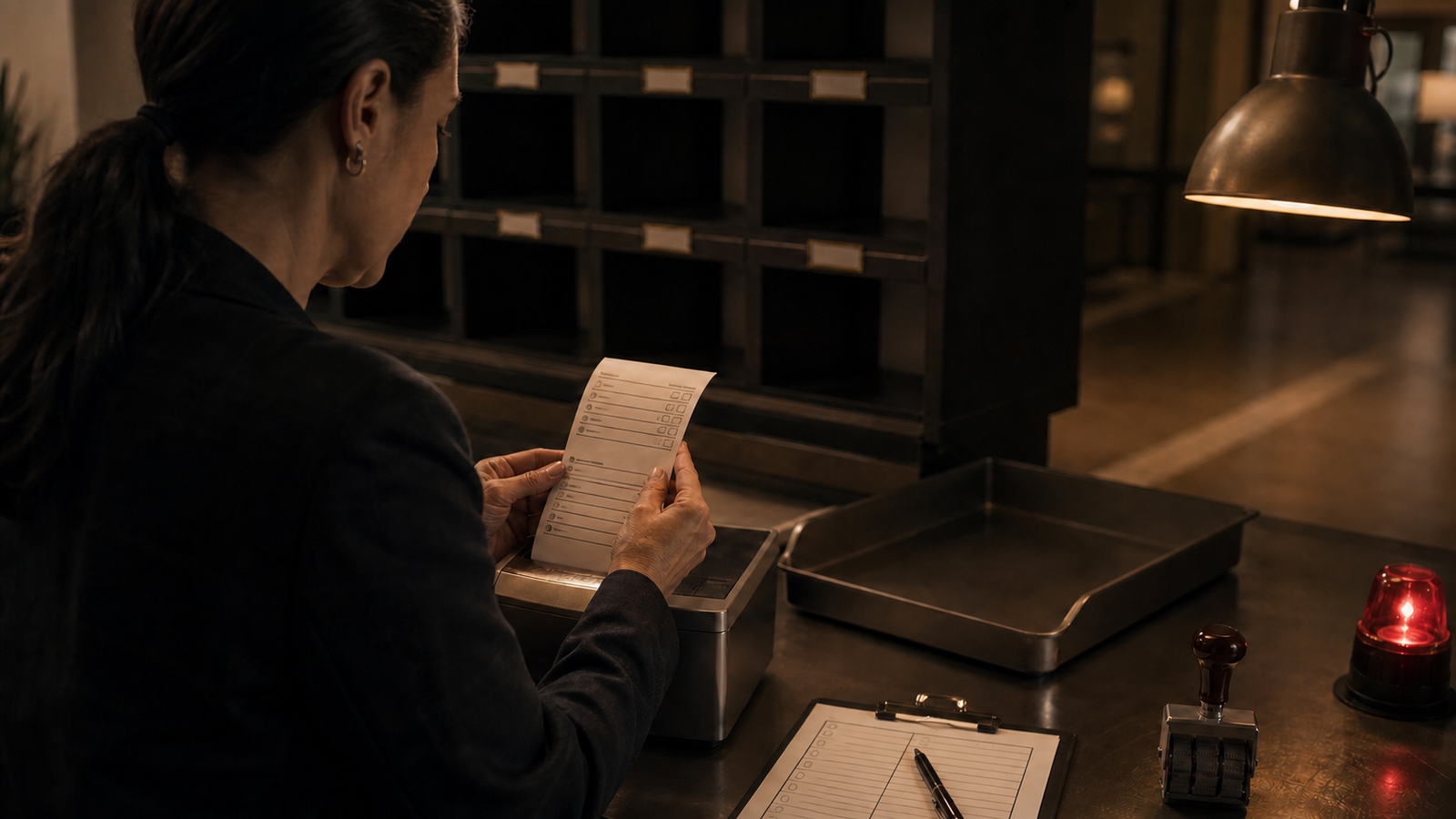 An operator holds a completed-looking confirmation form beside an empty destination tray and vacant routing slots.