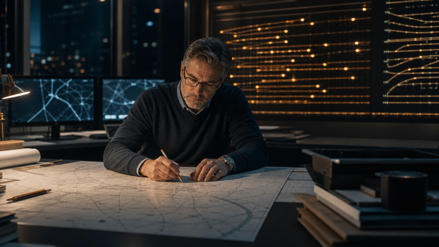 A coordinator marks a route on a paper chart while abstract amber signals wait across a dark operations room.