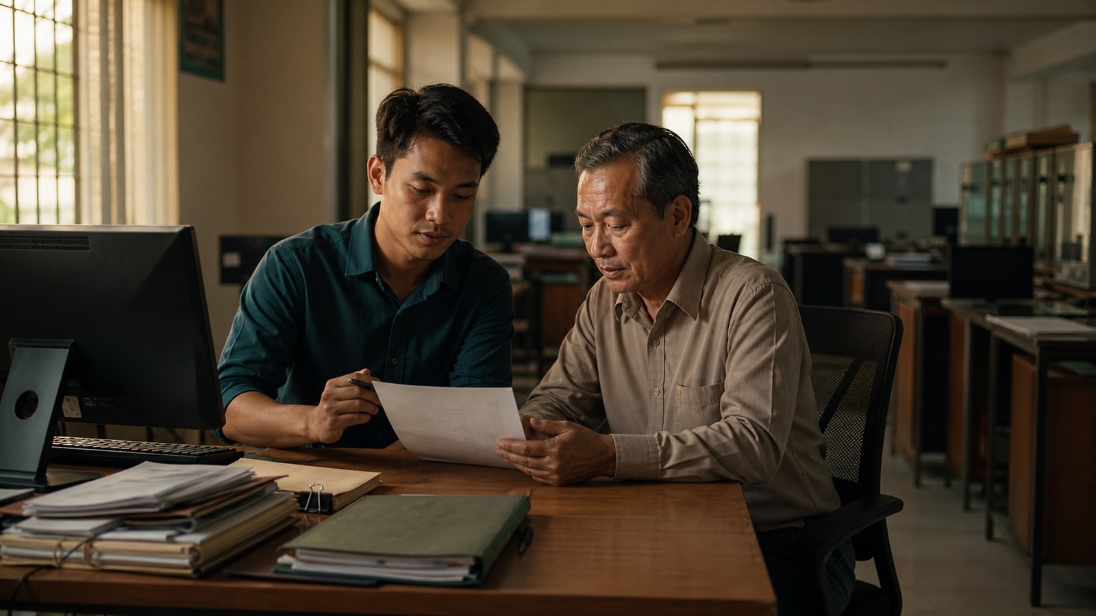 A young office worker and an older colleague compare a paper task checklist beside a computer in a Southeast Asian workplace.