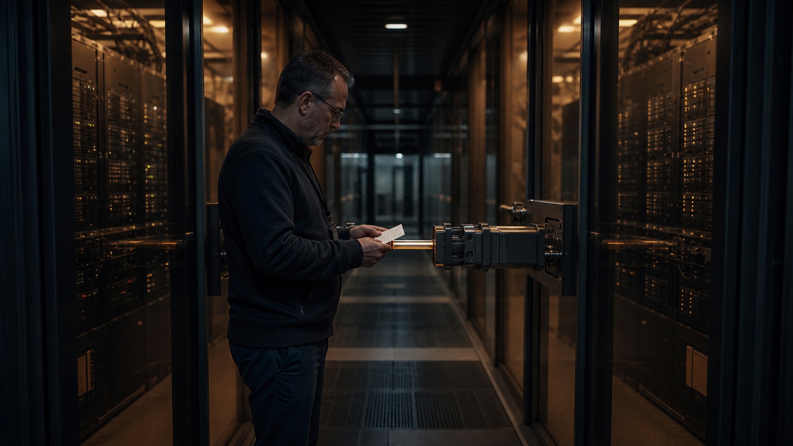 A network operator examines a paper receipt beside a secured connection between two server rooms.