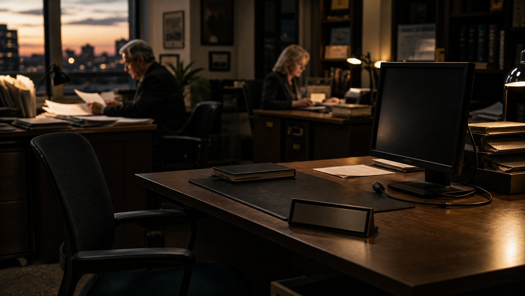 An unused junior desk in a quiet office at dusk, empty chair pulled out, colleagues still working in the background.