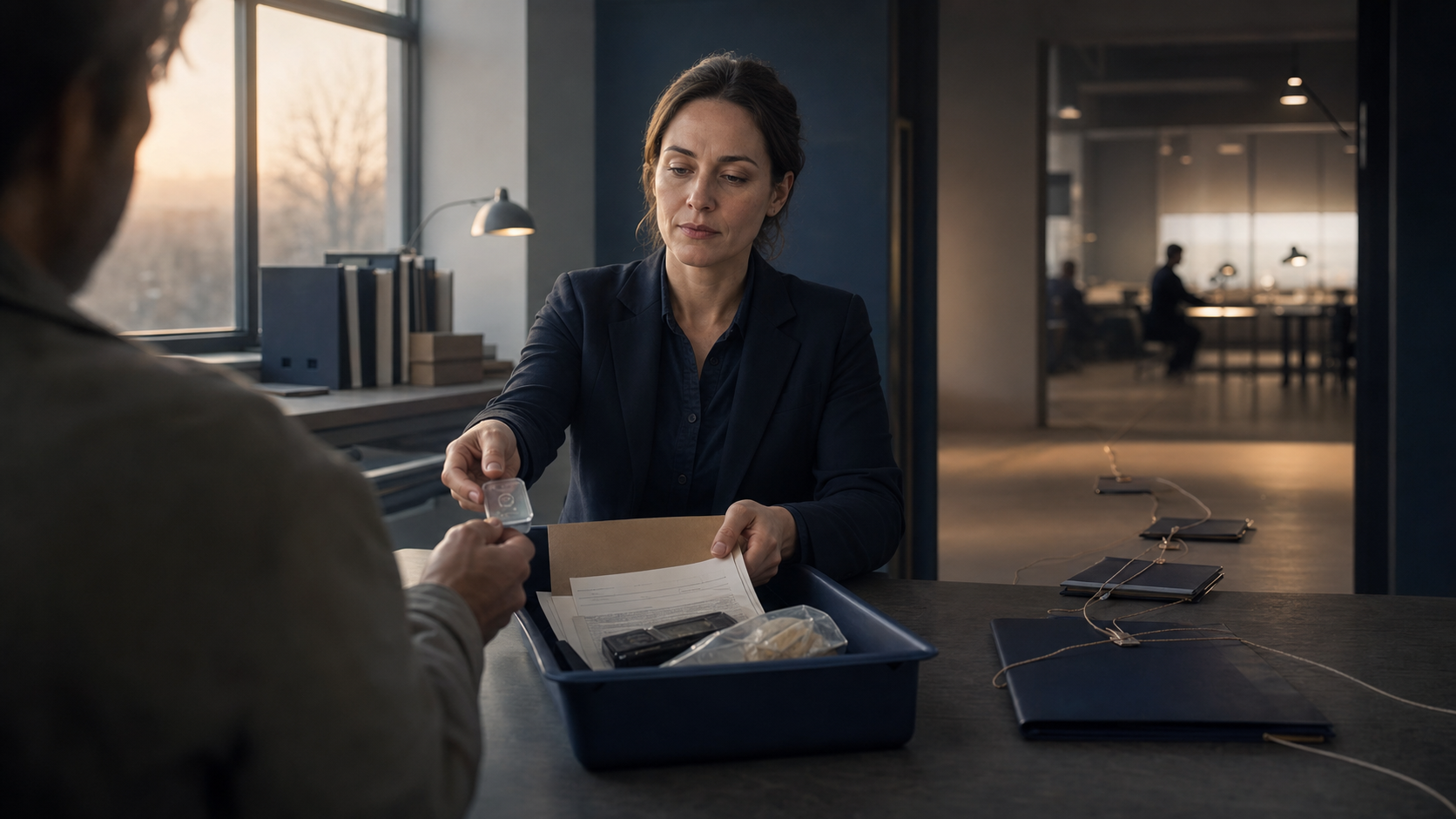 A caseworker receives a provenance token and connected evidence record in a public-service review room.