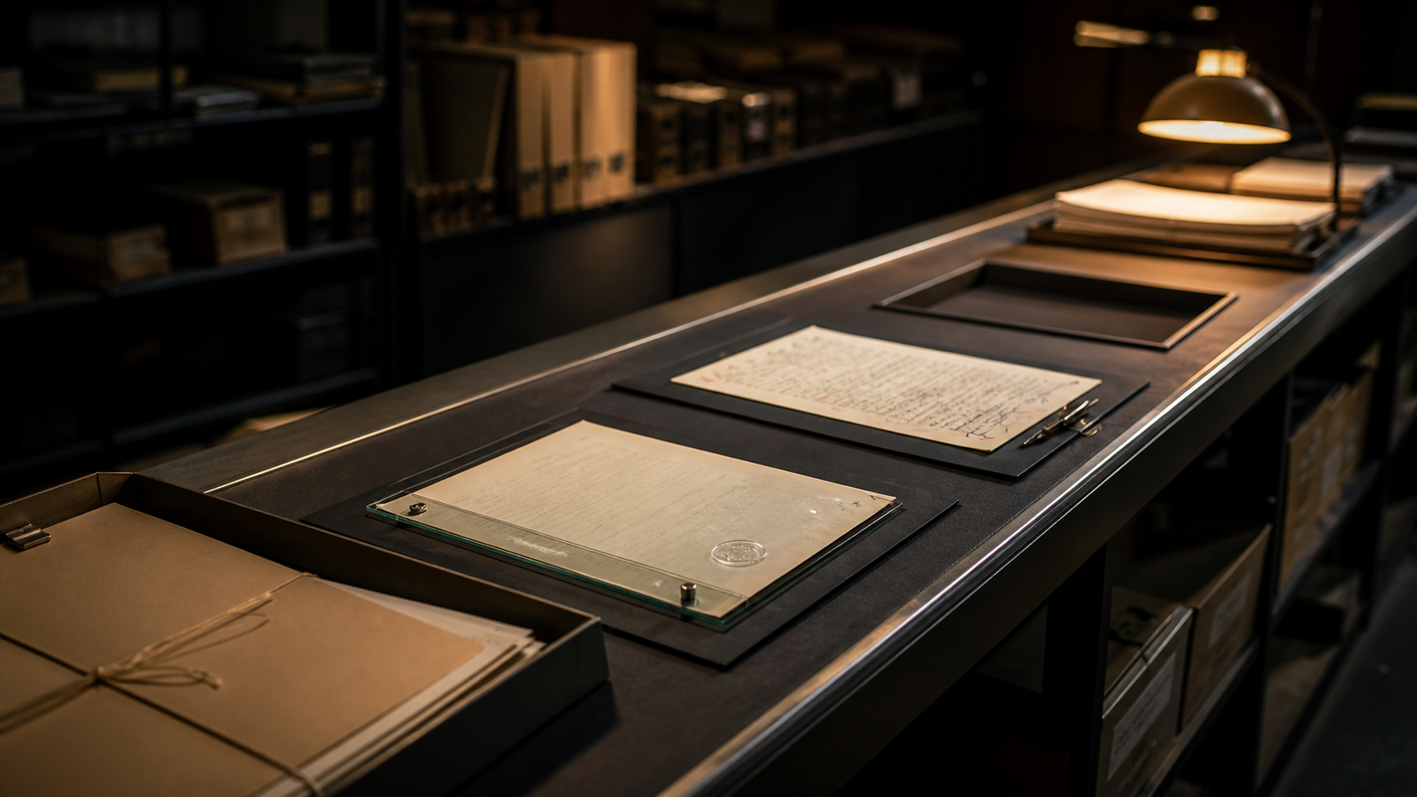 A document passing through provenance and editorial review checkpoints in a dim archive, with one gap visible in the chain.