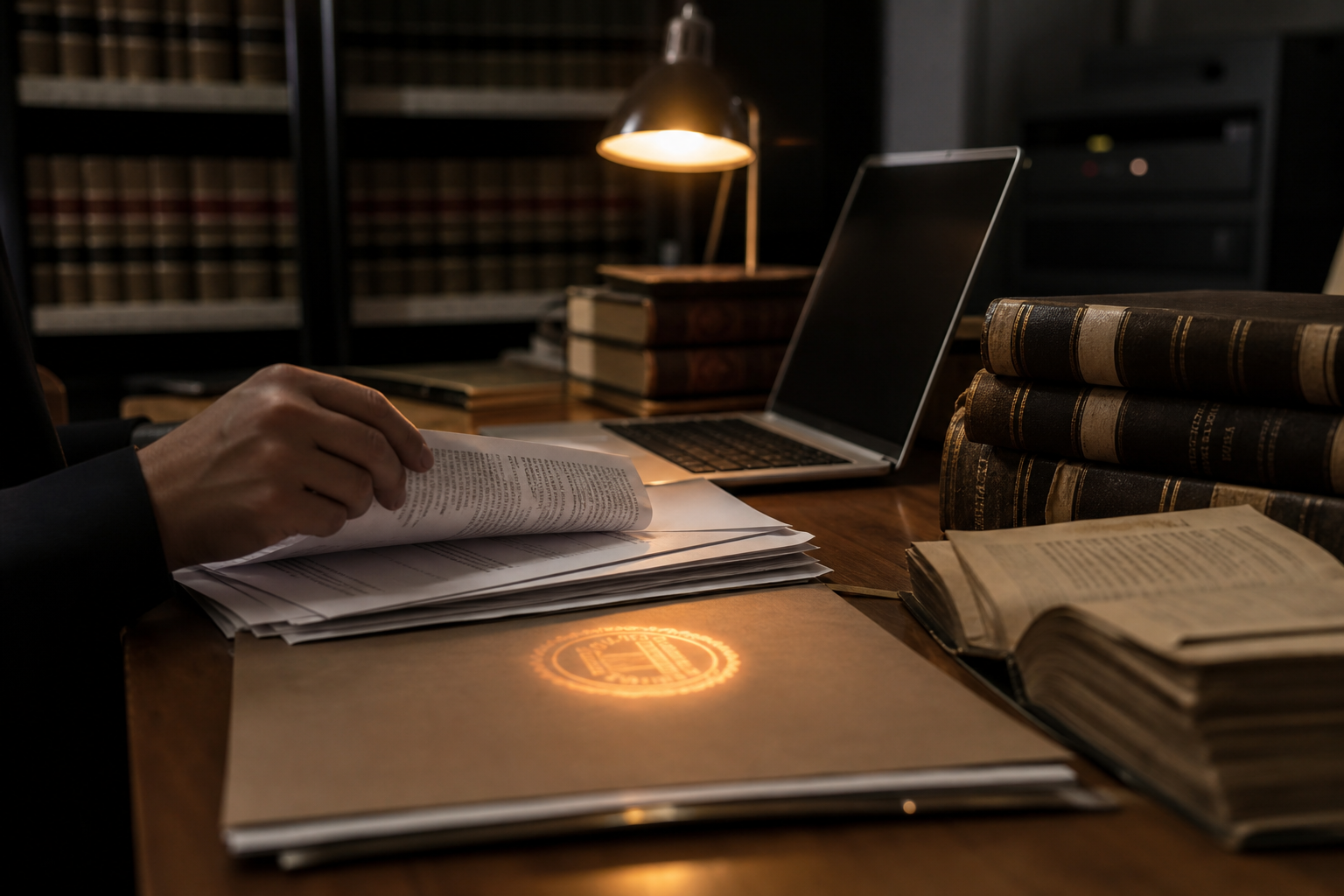 Editorial courthouse records-room image showing legal filings, law books, a laptop, and a warm verification mark.