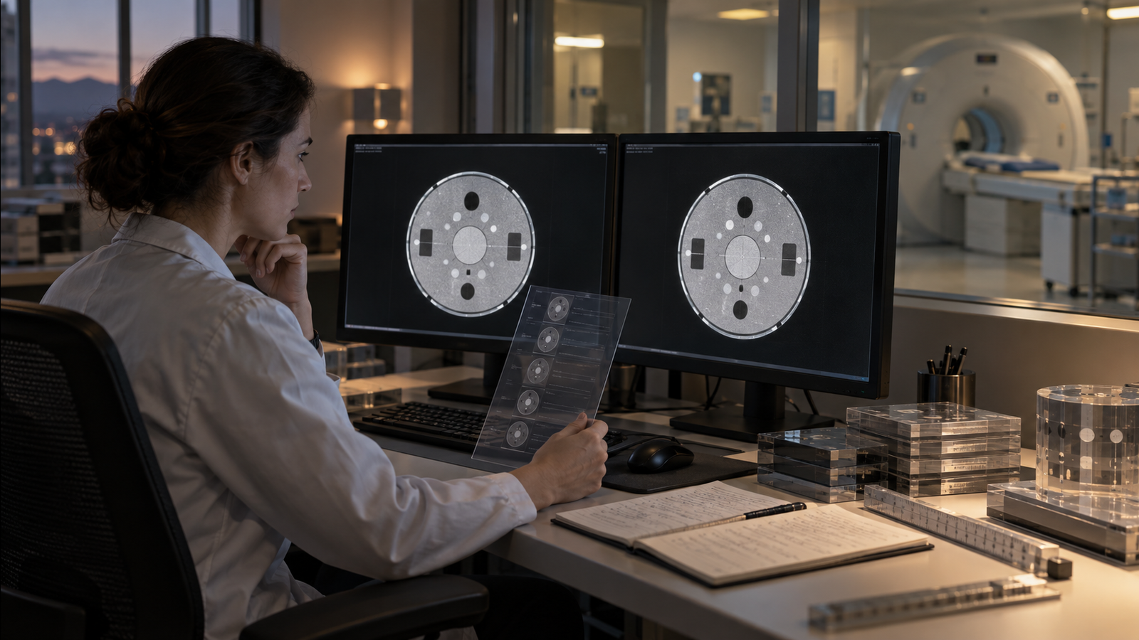 A biomedical engineer compares matched calibration-phantom scans beside a versioned measurement overlay while the imaging instrument remains in view.