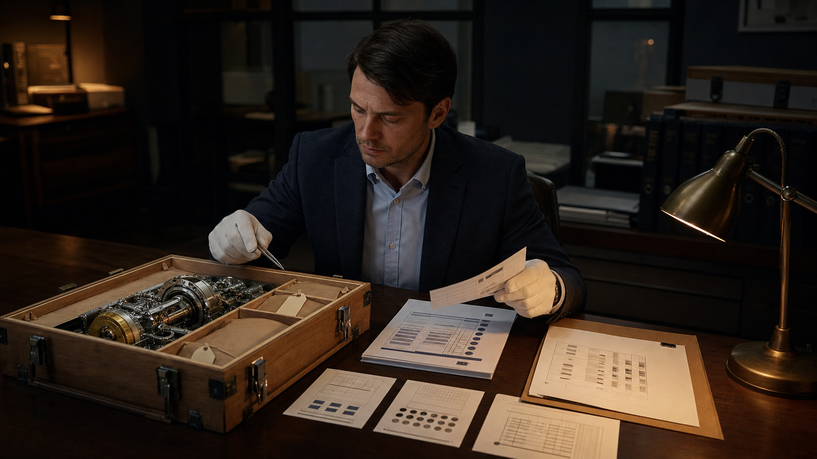 A reviewer compares an opened technical artifact with an evidence packet while several internal compartments remain sealed.