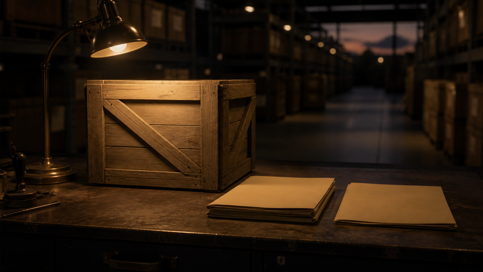 A warehouse inspection table with one crate and two unlabeled paper packets under a brass lamp.