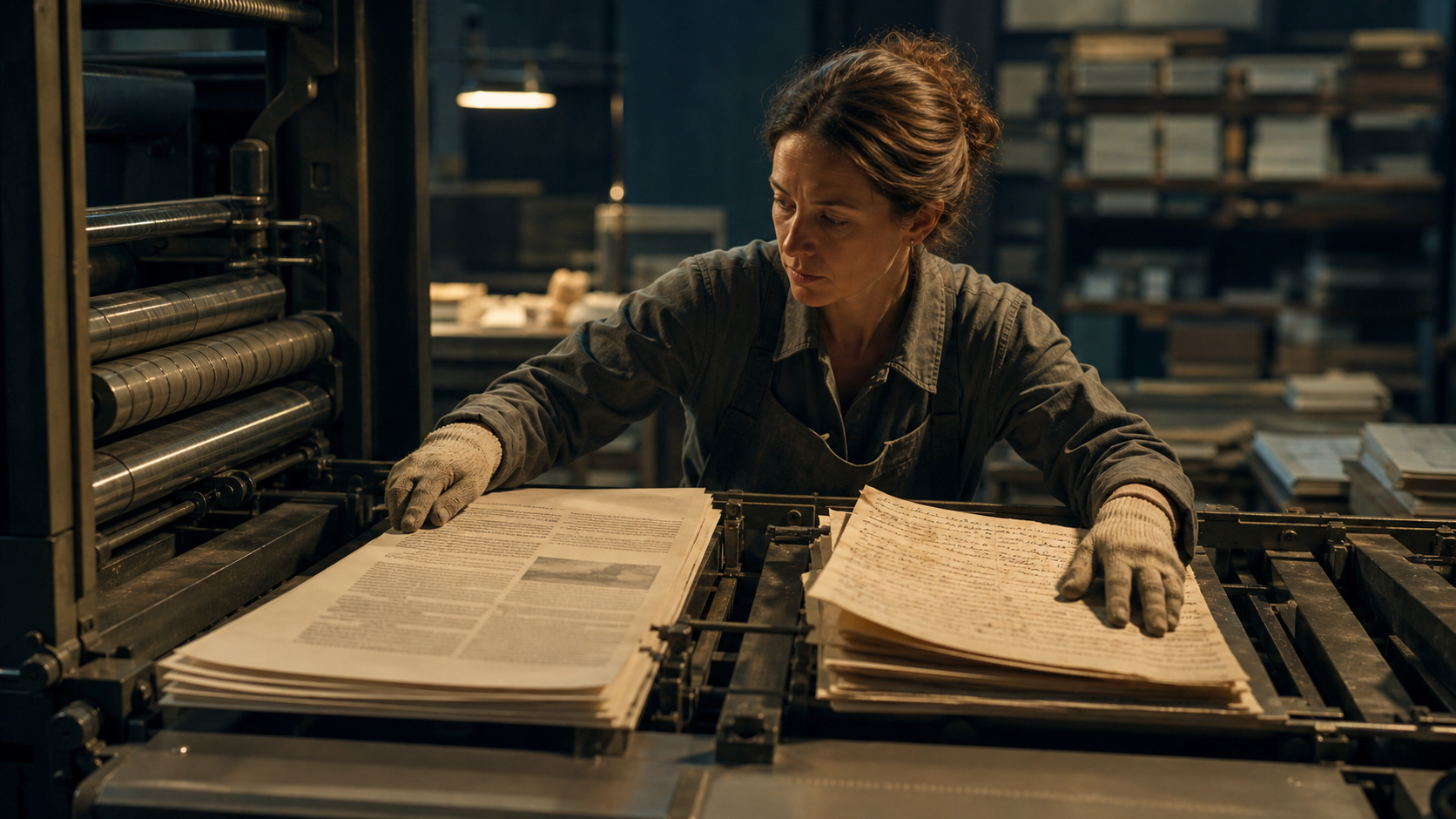 An archivist separates a typeset article from handwritten reader notes before both enter the same printing machine.