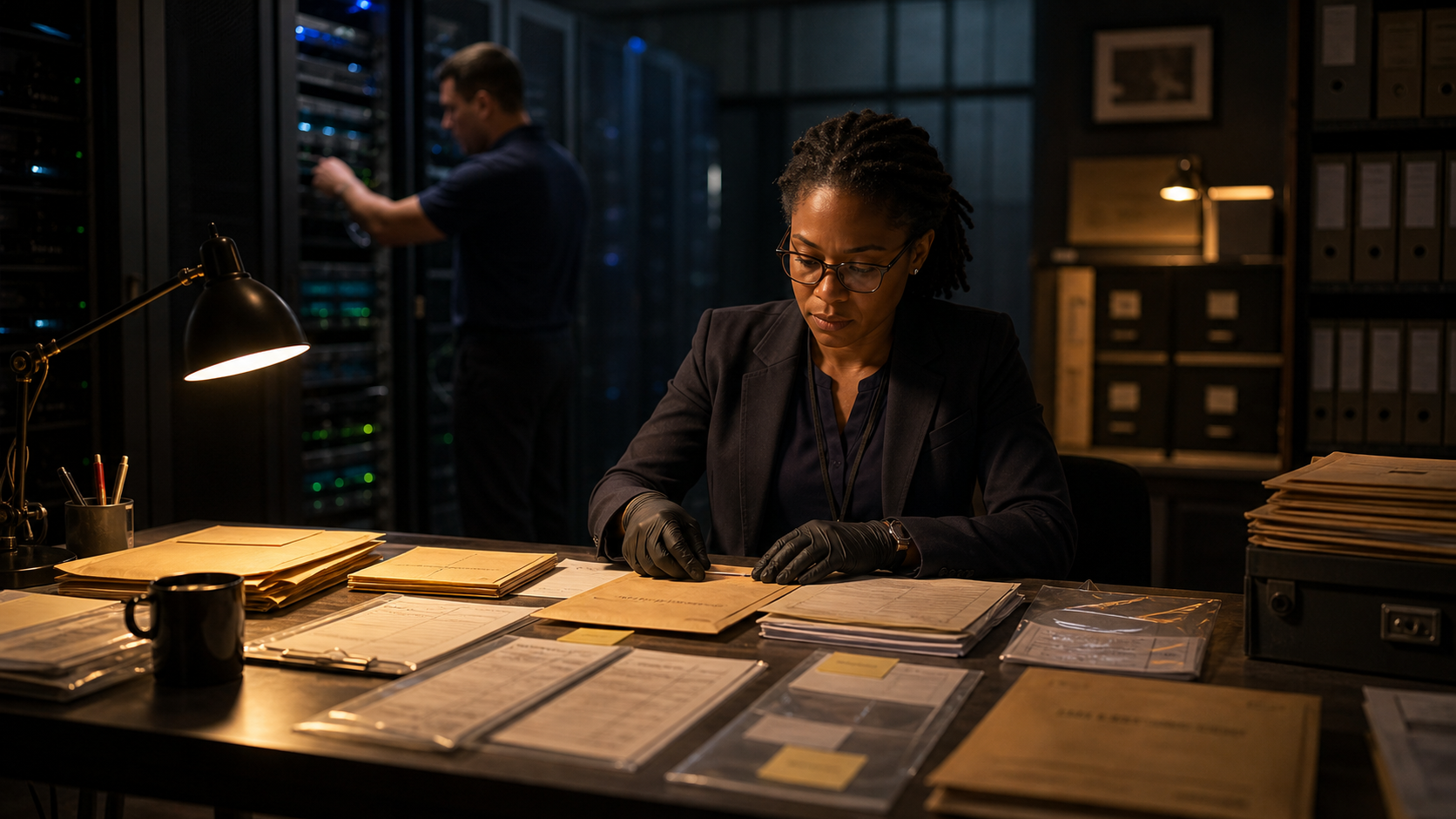 A security technician patches servers while a reviewer preserves evidence and repair records at a nearby table.