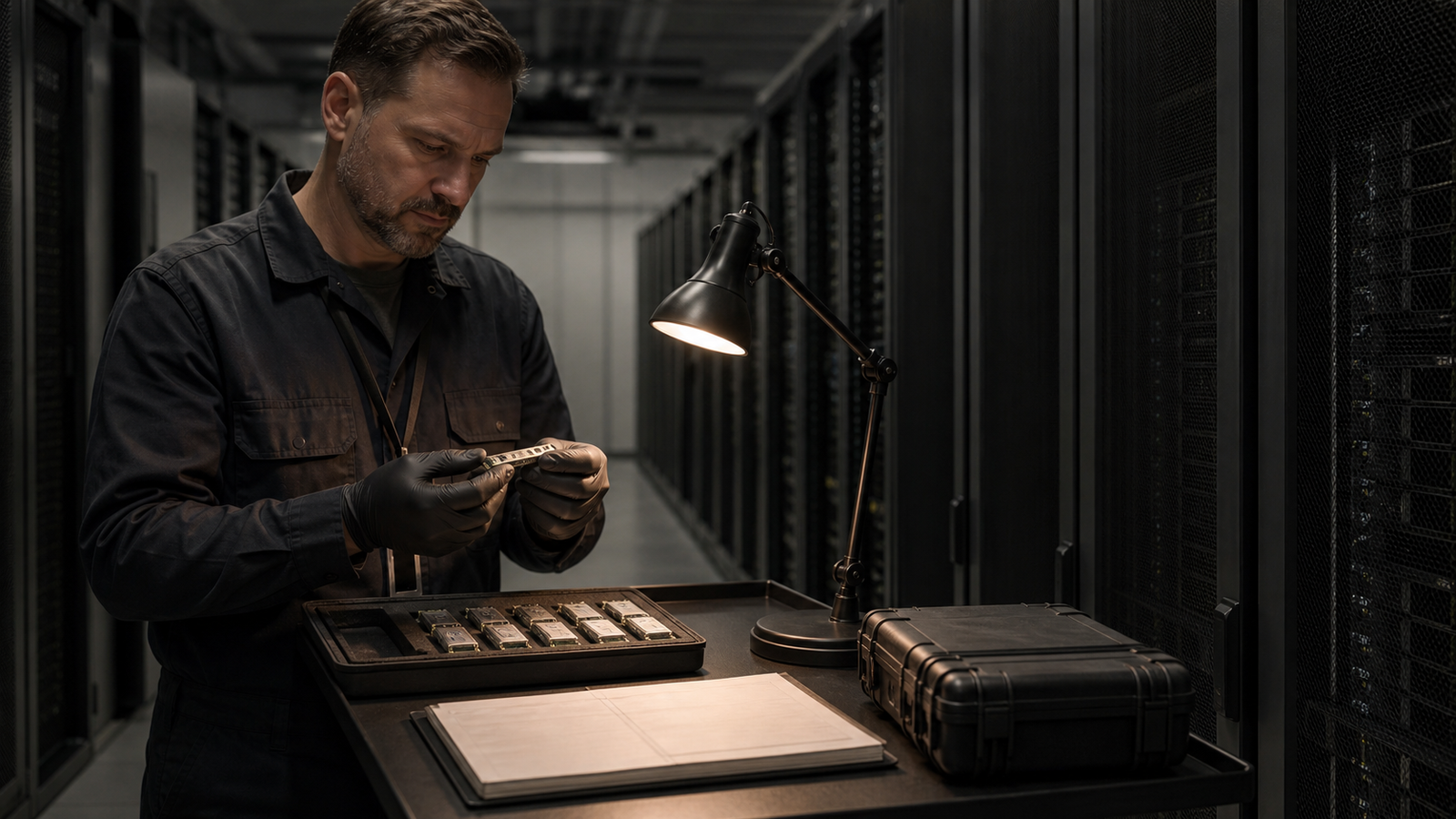 A data-center technician inspects a small optical module beside a component ledger in a quiet server aisle.