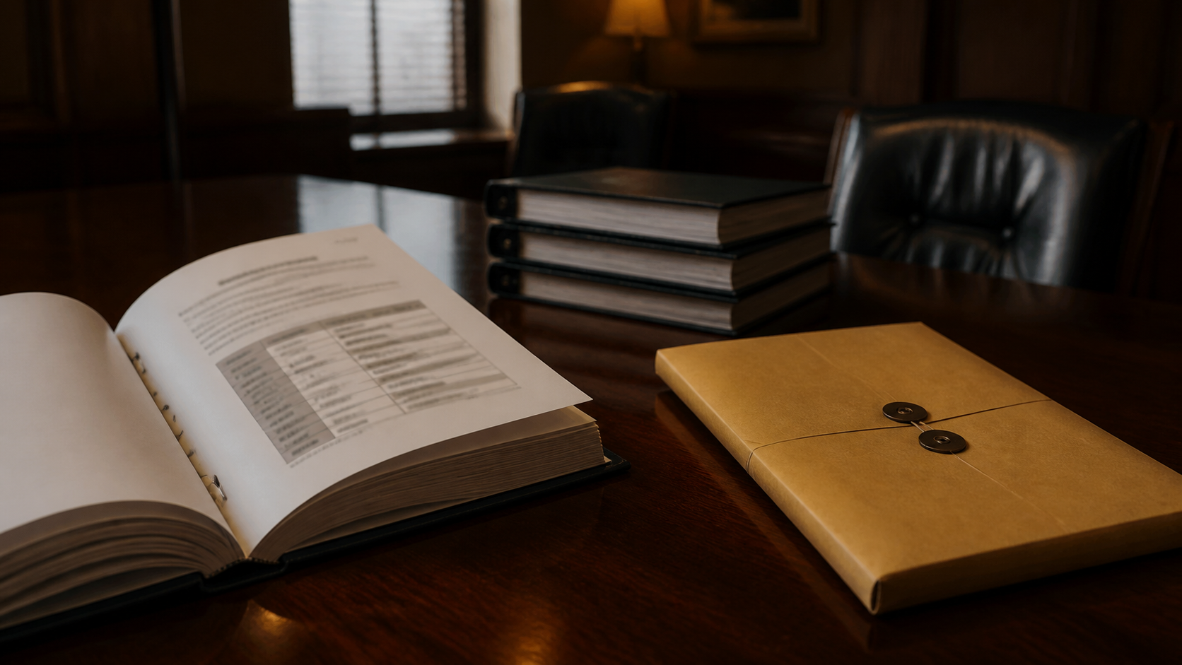 An open current-state profile on a conference table beside a closed evidence folder.