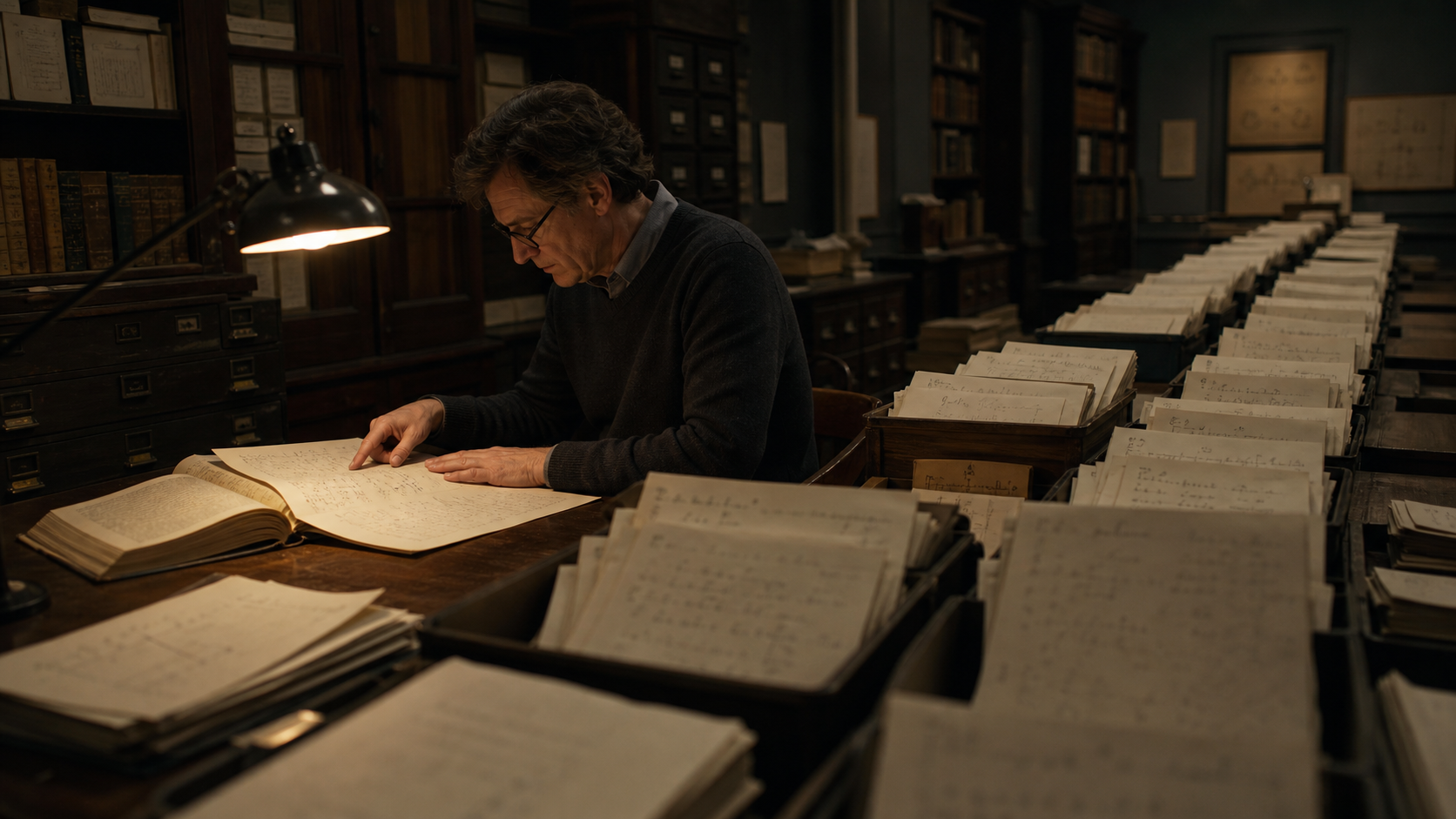 A mathematician checks a small stack of candidate proofs beside a much larger incoming review tray.