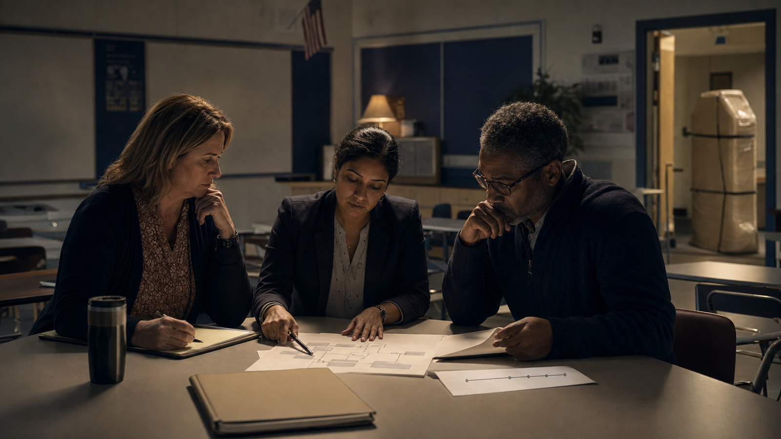 Three school reviewers examine a procurement and data record while an unopened humanoid robot case waits near the classroom door.