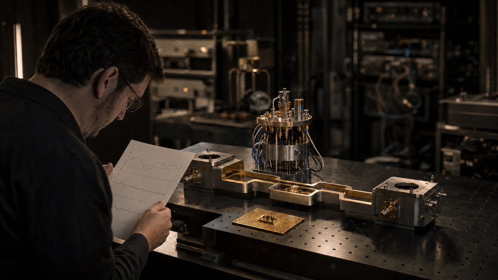 A researcher reviews unlabeled measurement traces beside compact gold and steel quantum-control components as large laboratory racks recede into shadow.